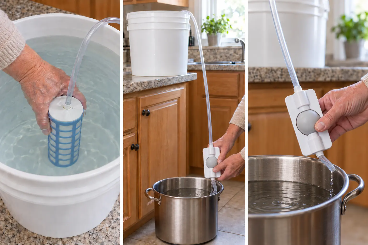 Three steps: drop the filter in a bucket, squeeze the bulb, clean water drips into the pot
