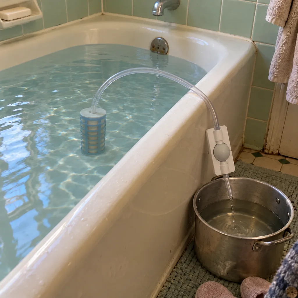 Carol's photo: the filter in her tub, a pot filling on the bathroom floor