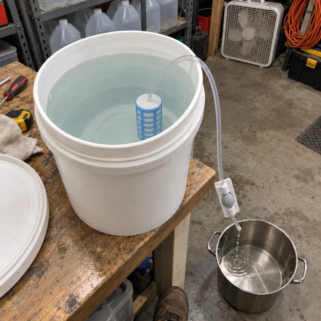 Mike's photo: the filter in a bucket in his garage, a pot below