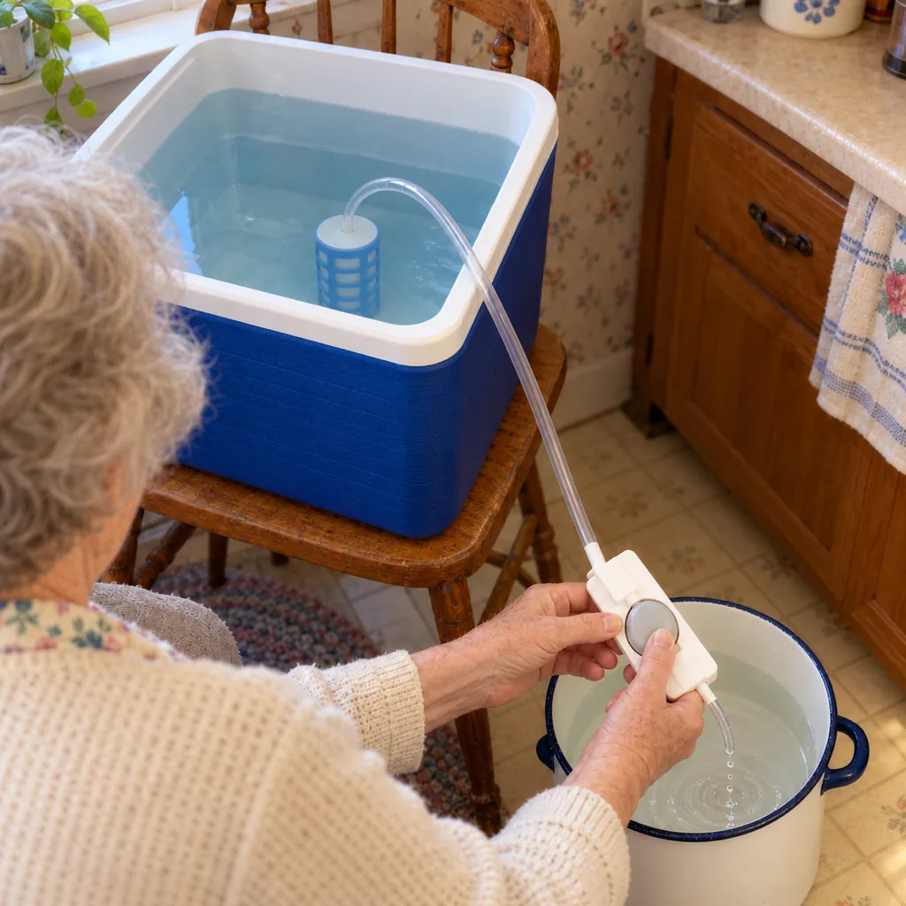 Sharon's photo: her mom squeezes the bulb, the pot below