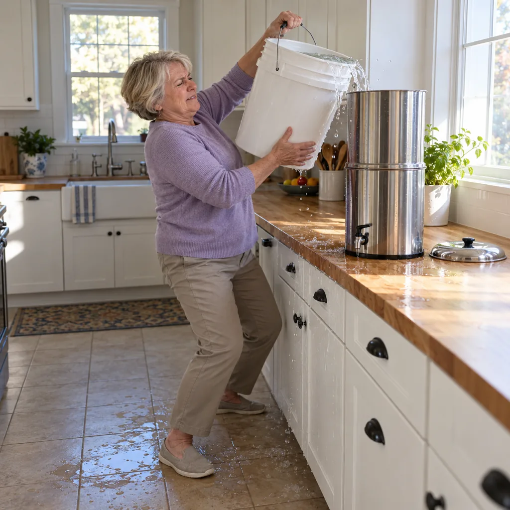 The old way: she lifts a heavy bucket to fill a countertop filter's top tank, and water splashes on the floor