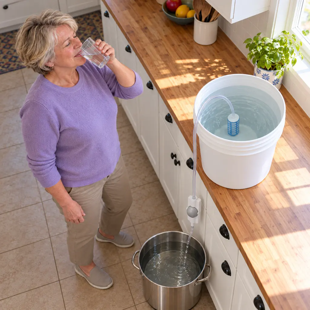 The AutoSiphon way: the bucket stays on the counter, the pot fills on the floor, and she drinks a glass