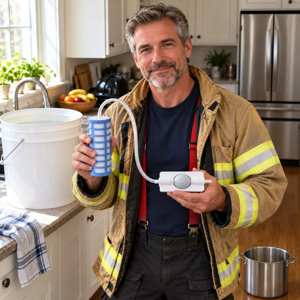 Clean drinking water from the water you stored: a firefighter shows the TerraPore AutoSiphon in a family kitchen