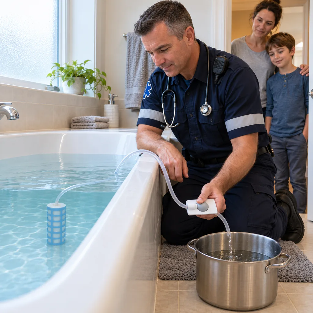 A paramedic sets up the TerraPore AutoSiphon from a filled bathtub into a pot