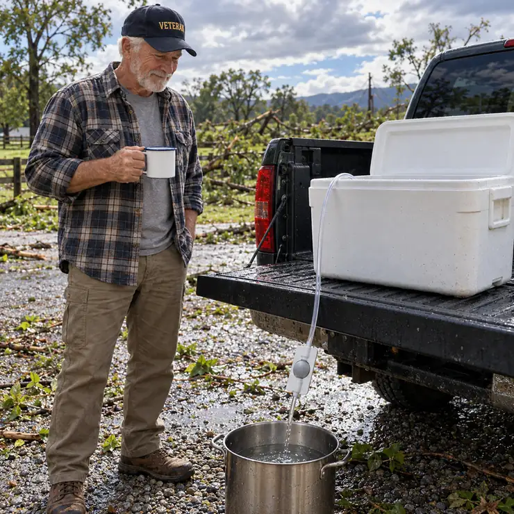 After a storm, a veteran fills a pot from a cooler of stored water on his truck's tailgate