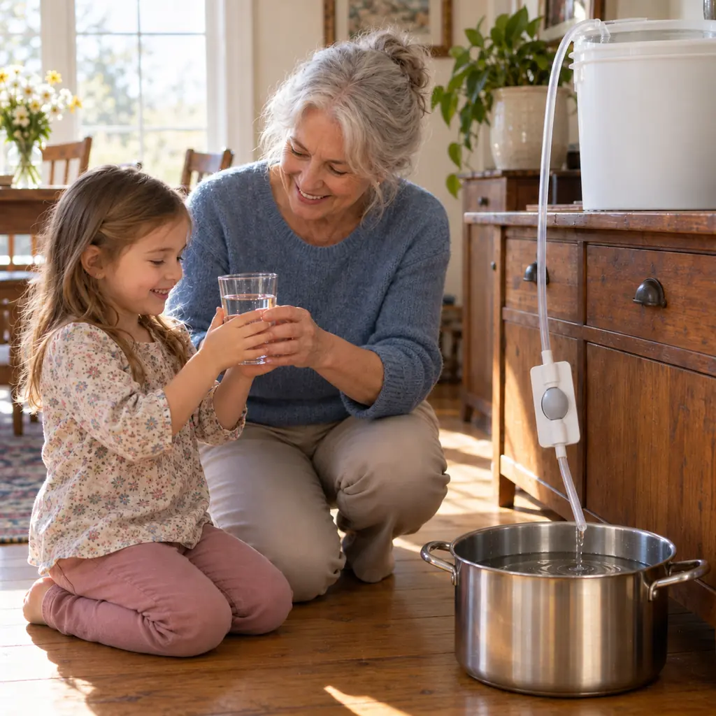 A grandmother hands her grandchild a glass of clean water from the pot