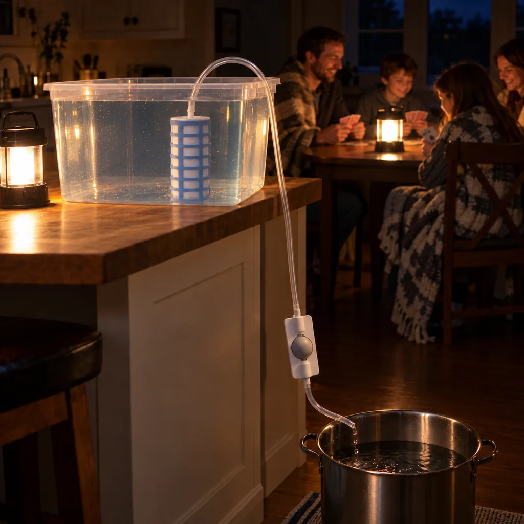 Power out at night: by lantern light, the pot still fills from a tub of stored water