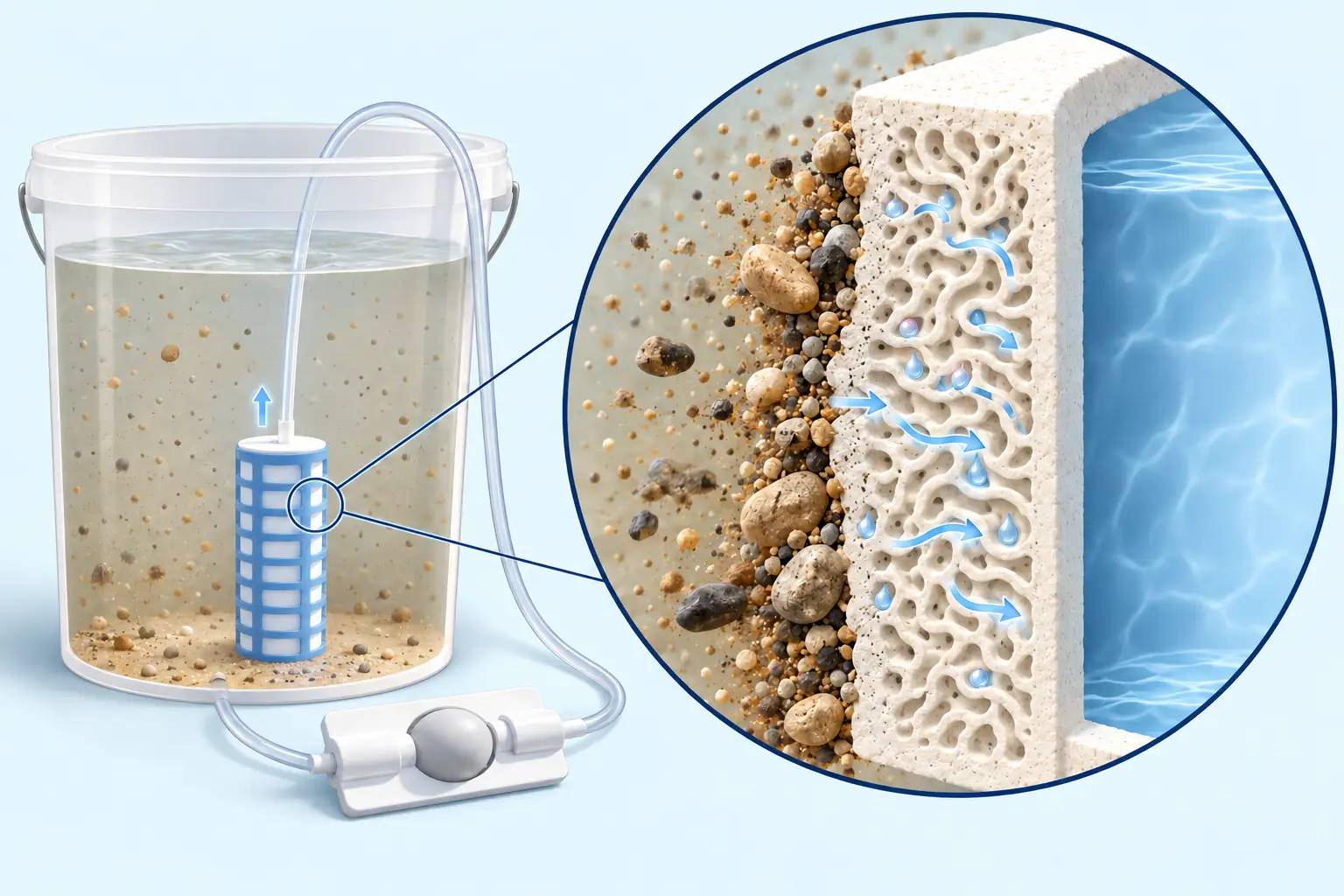 Cutaway of the clay wall: dirt and sand pile up on the outside while water passes through the tiny holes