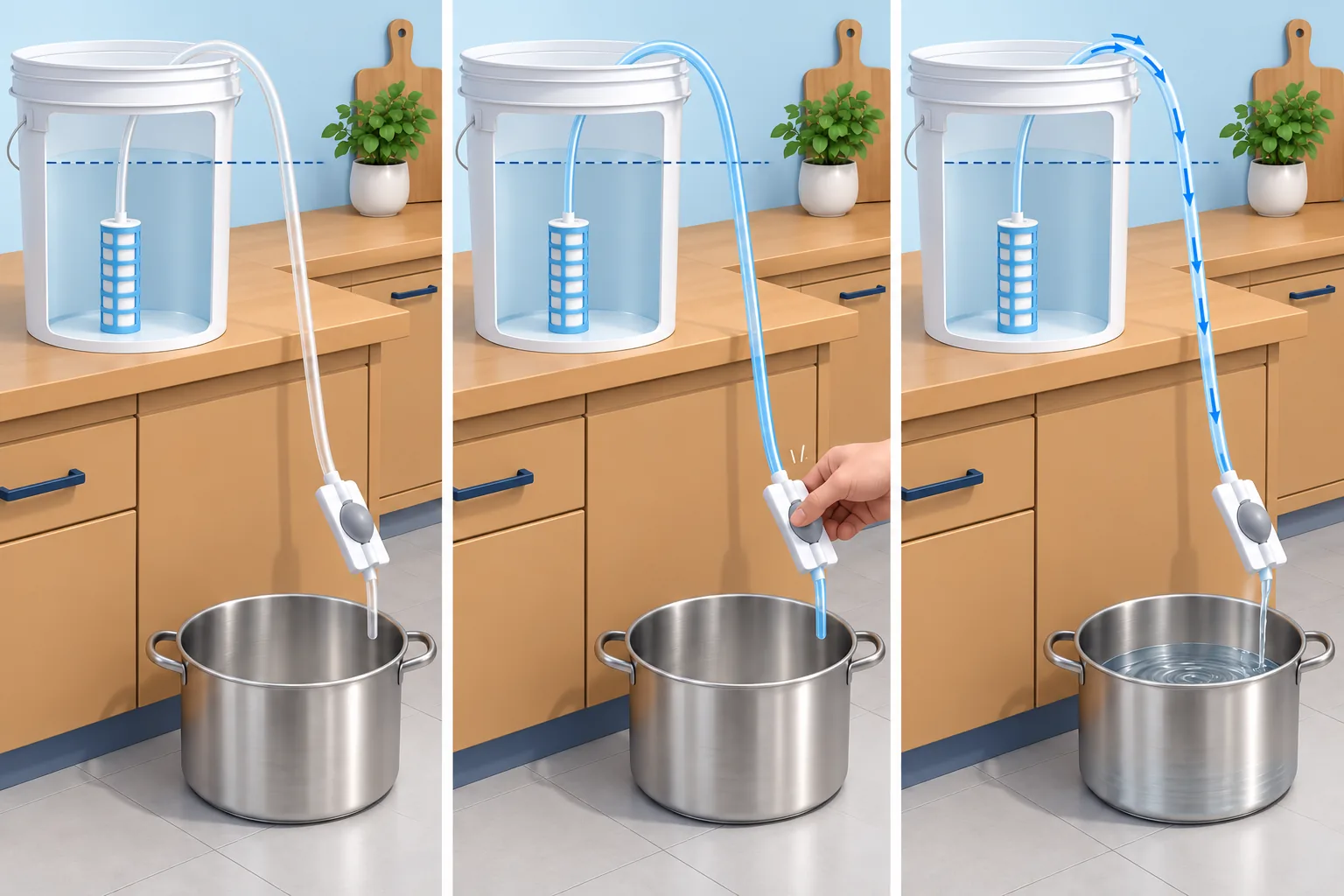 Three panels: the filter sits in a bucket on the counter, a hand squeezes the bulb, then water runs down the hose into the pot on its own