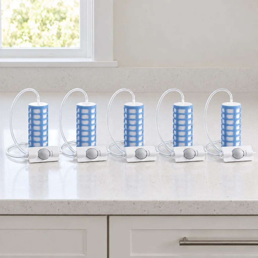 Five TerraPore AutoSiphon kits in a row on a kitchen counter