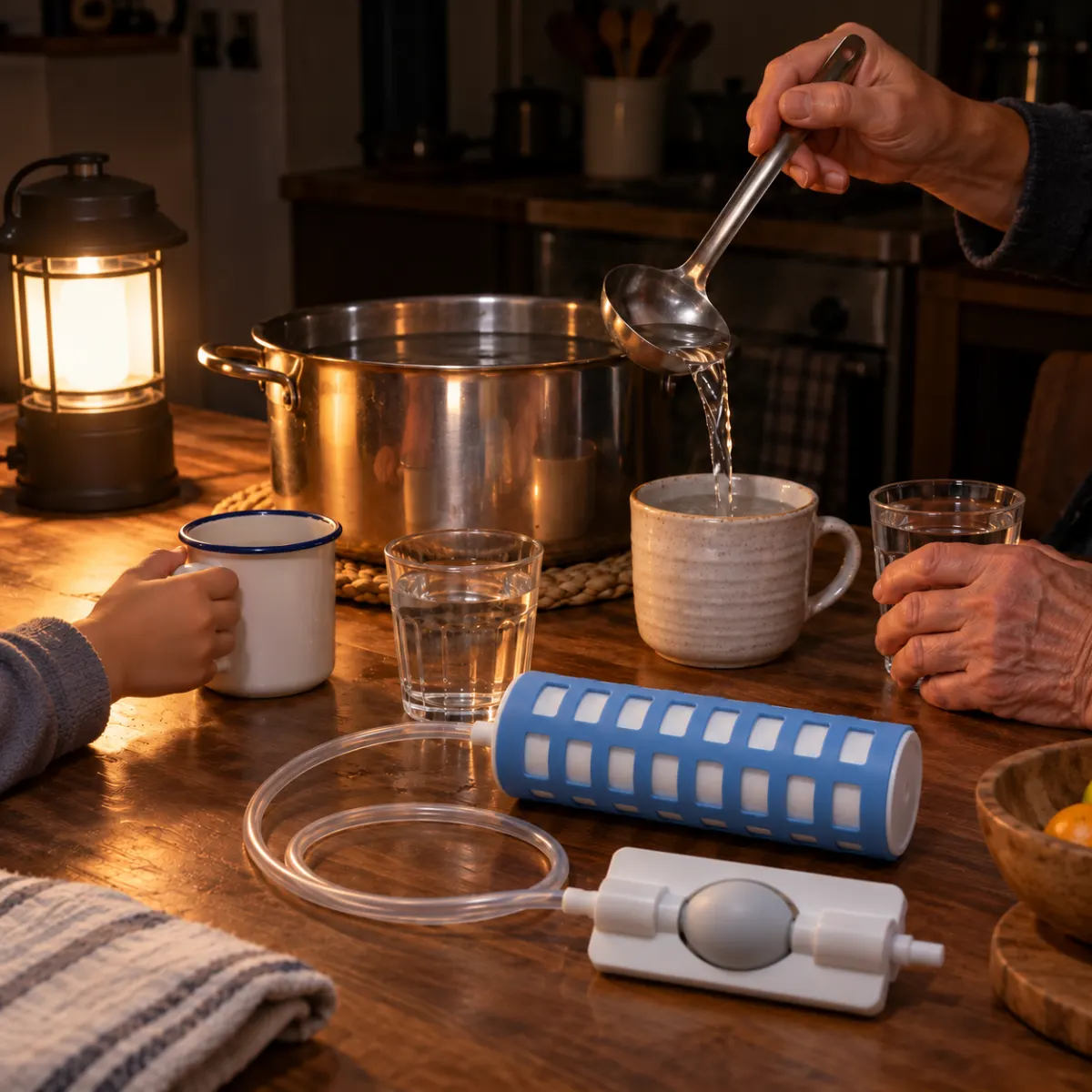 By lantern light, a ladle fills mismatched cups from a pot of clean water for a child and a grandparent.