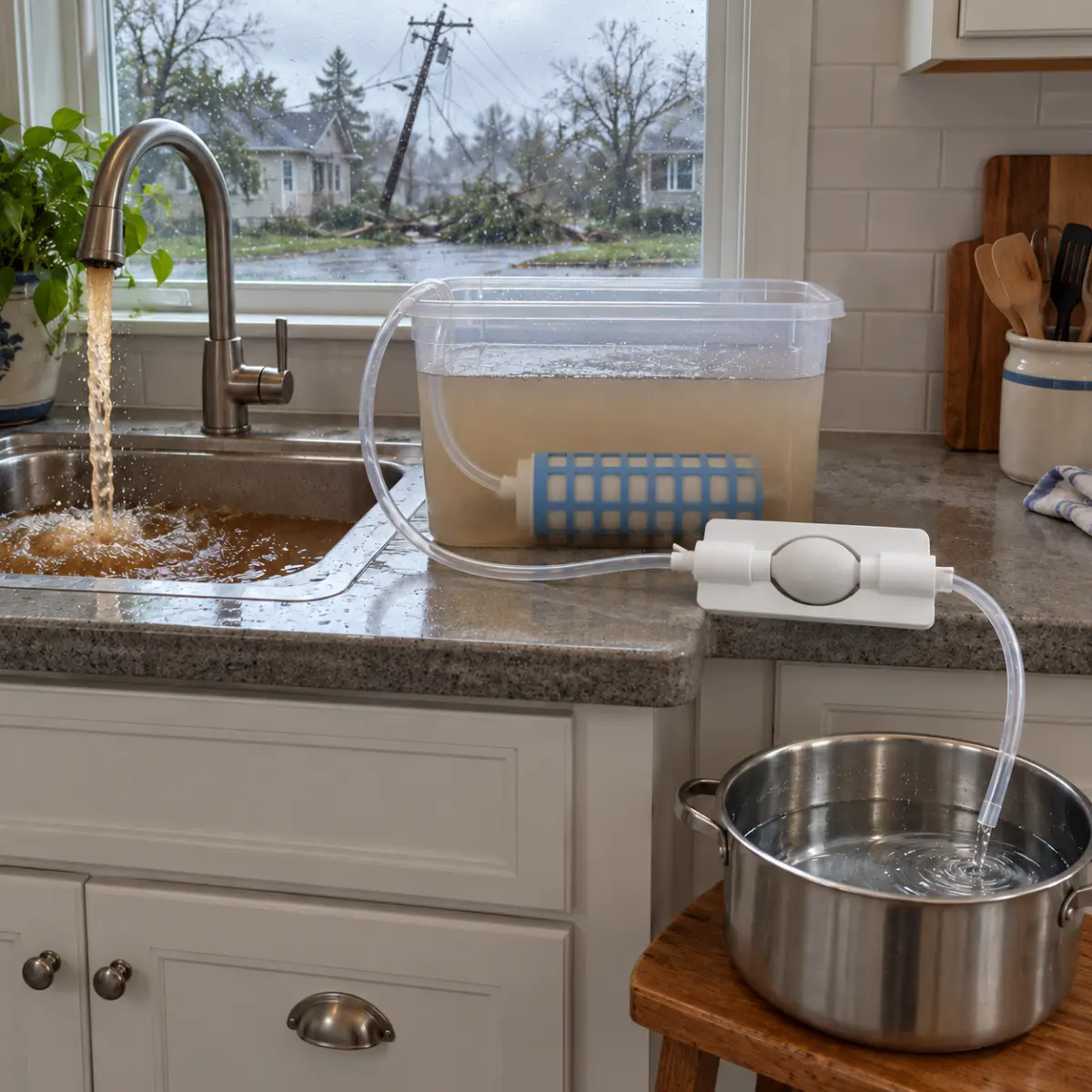 The tap runs brown after the storm while TerraPore fills a pot with clean water beside it.