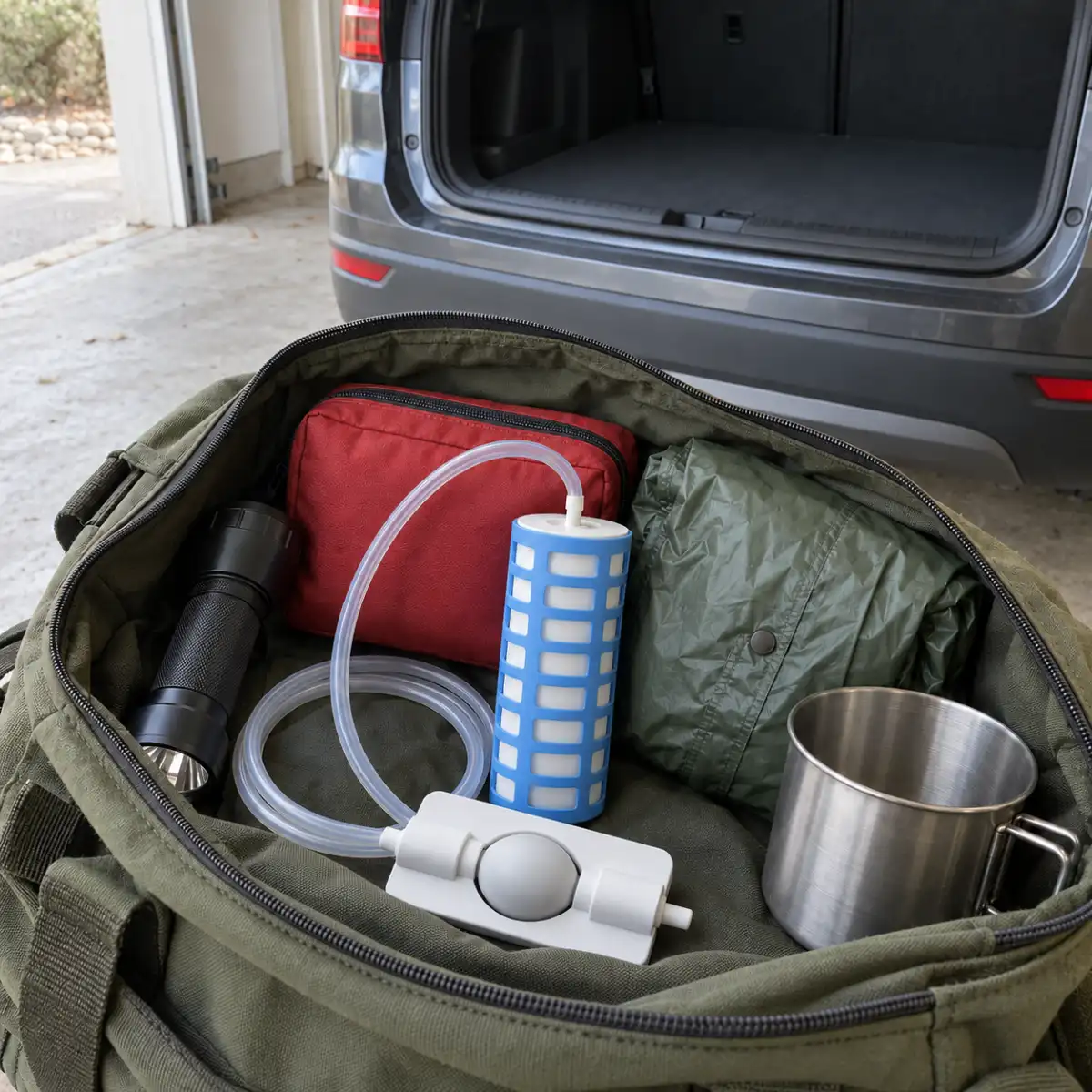 TerraPore packed in a go-bag in front of an empty car trunk.