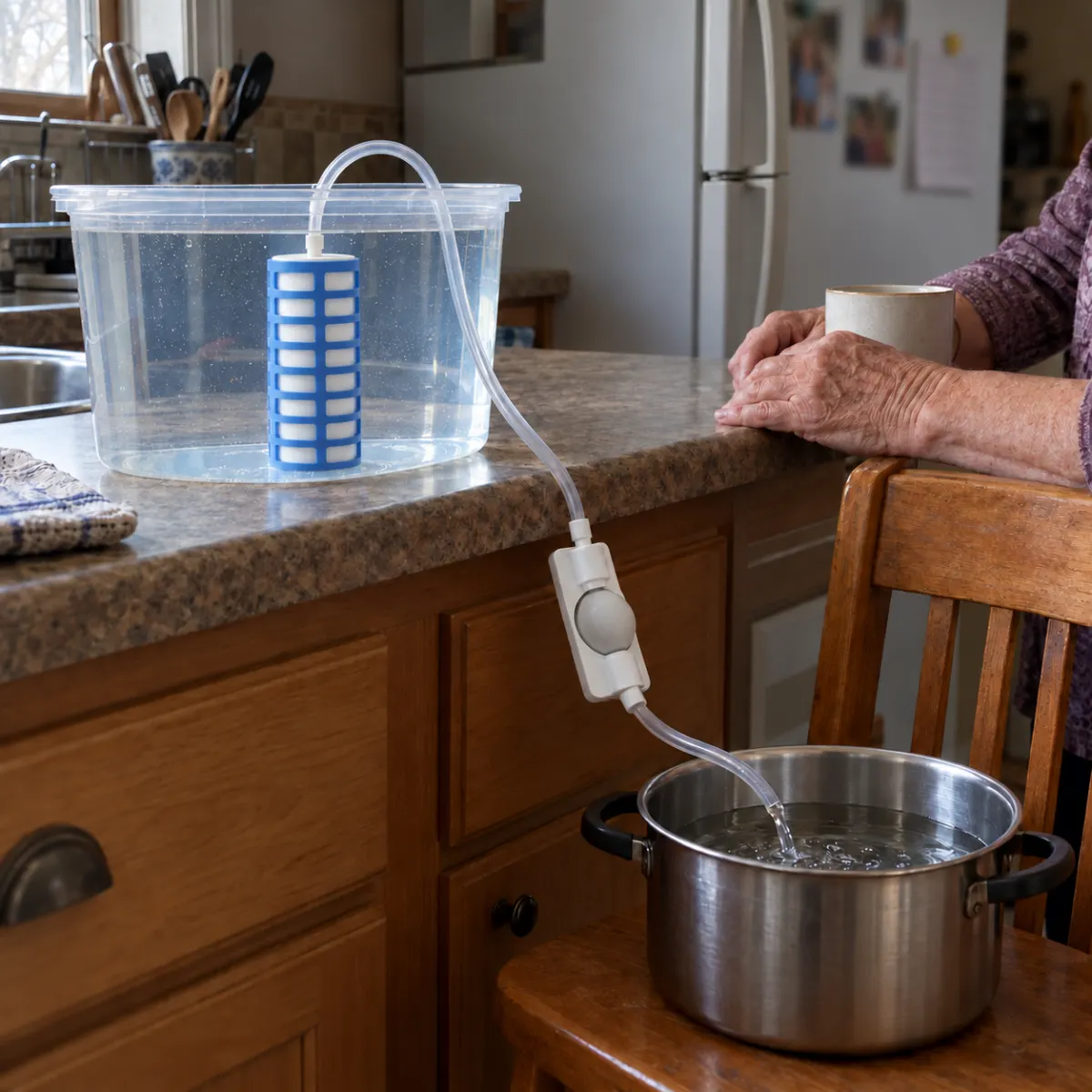 An older woman's kitchen in a blackout, TerraPore filling a pot on a chair.