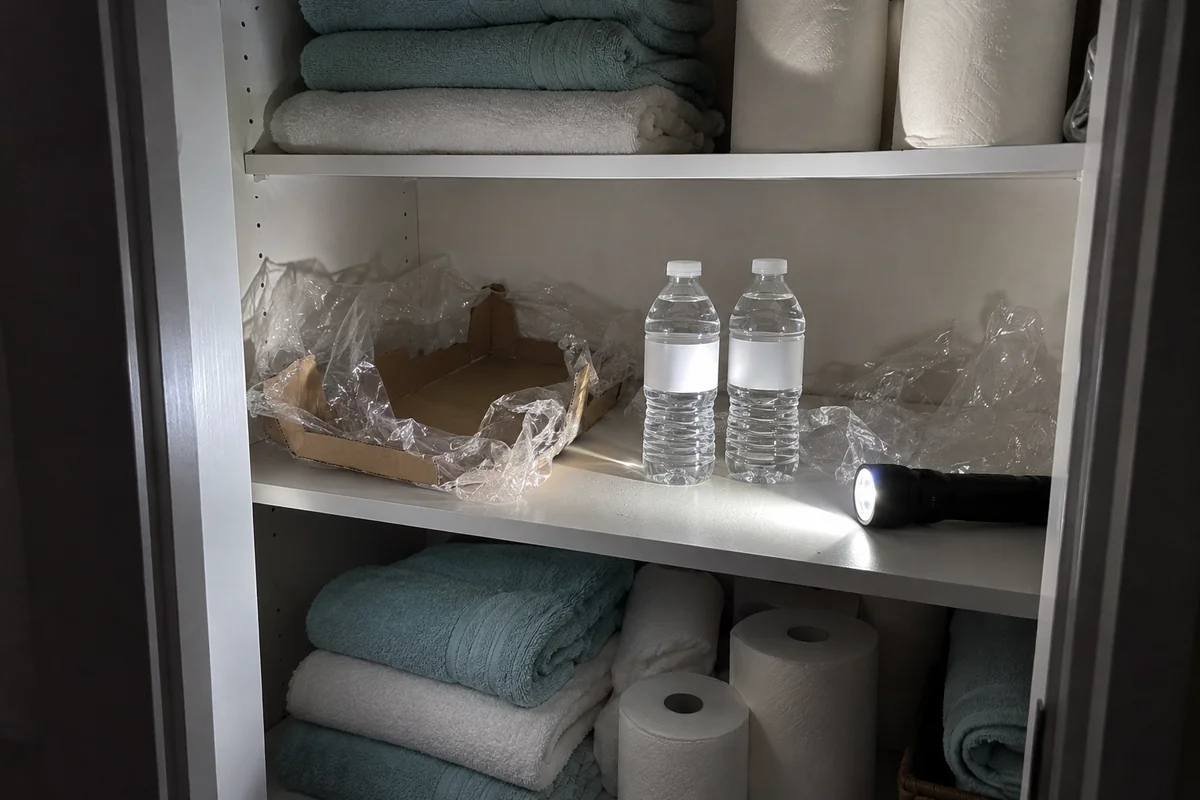 A closet shelf with the last bottles of water among empty plastic wrap.