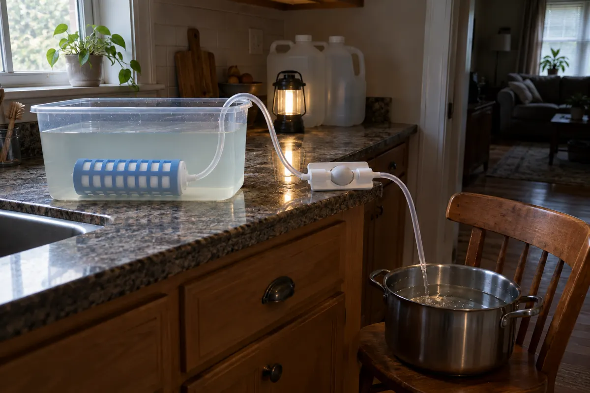 In a blackout kitchen, TerraPore fills a pot by itself with nobody at the counter.