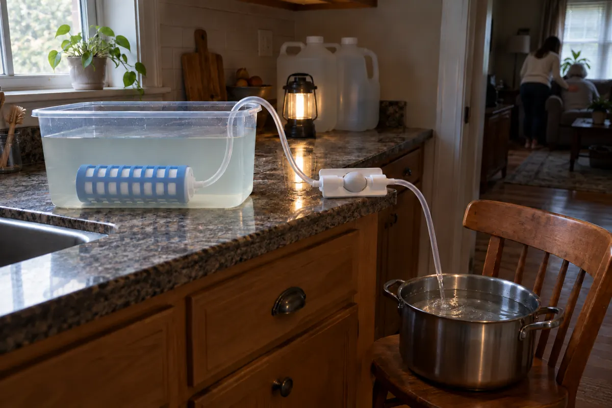The same blackout kitchen: the pot keeps filling while she helps her mother into a chair in the next room.