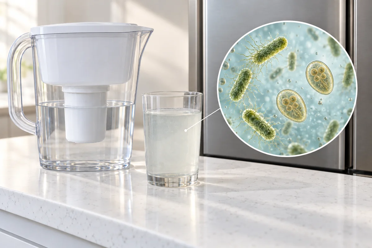 A glass of cloudy tap water beside a pitcher filter, with the bugs shown magnified.