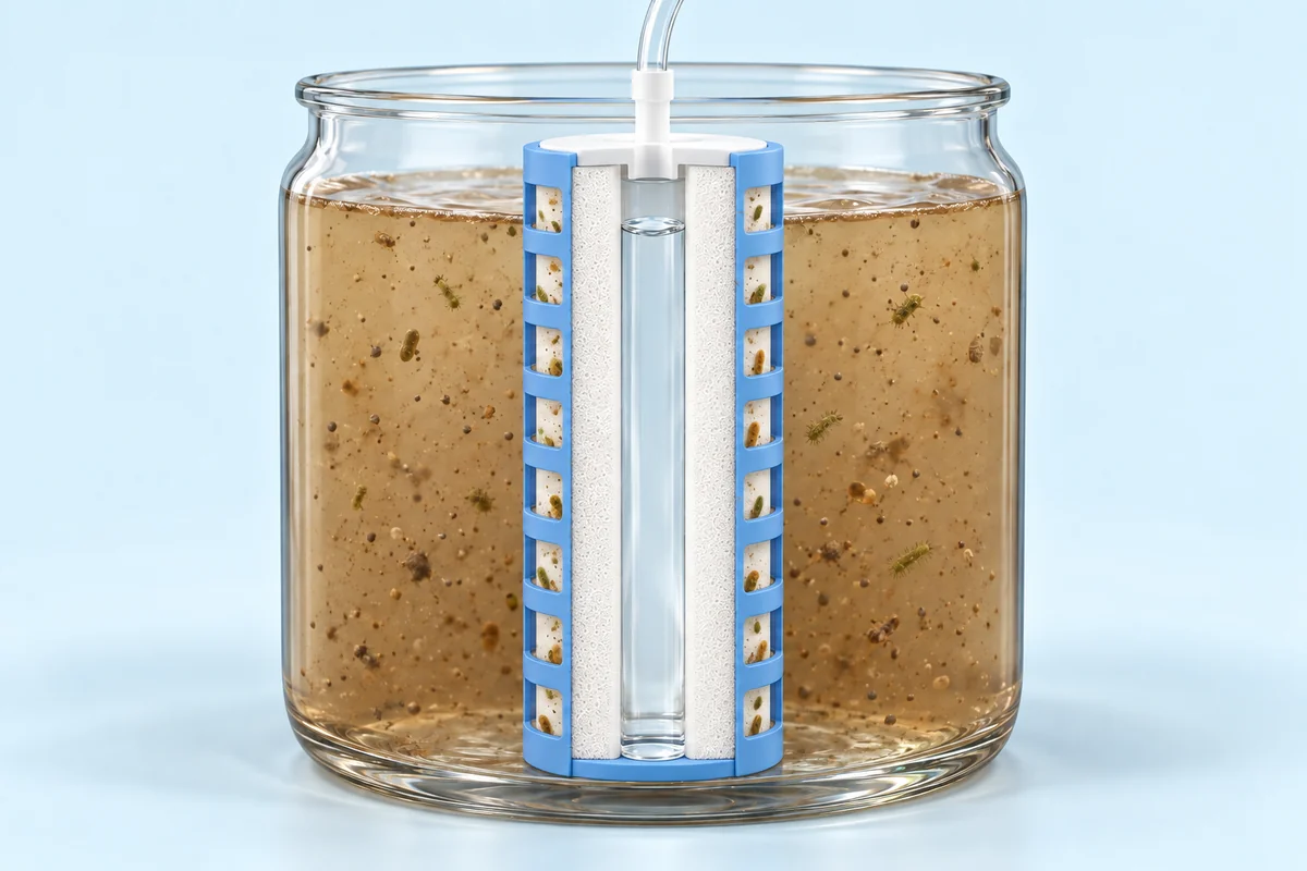 A cutaway of the MicroPore filter: dirt and bugs held on the outside, clean water inside.