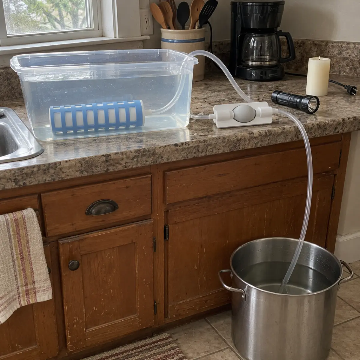 Brenda's photo: a tub of rainwater on her counter running into a pot on the floor.