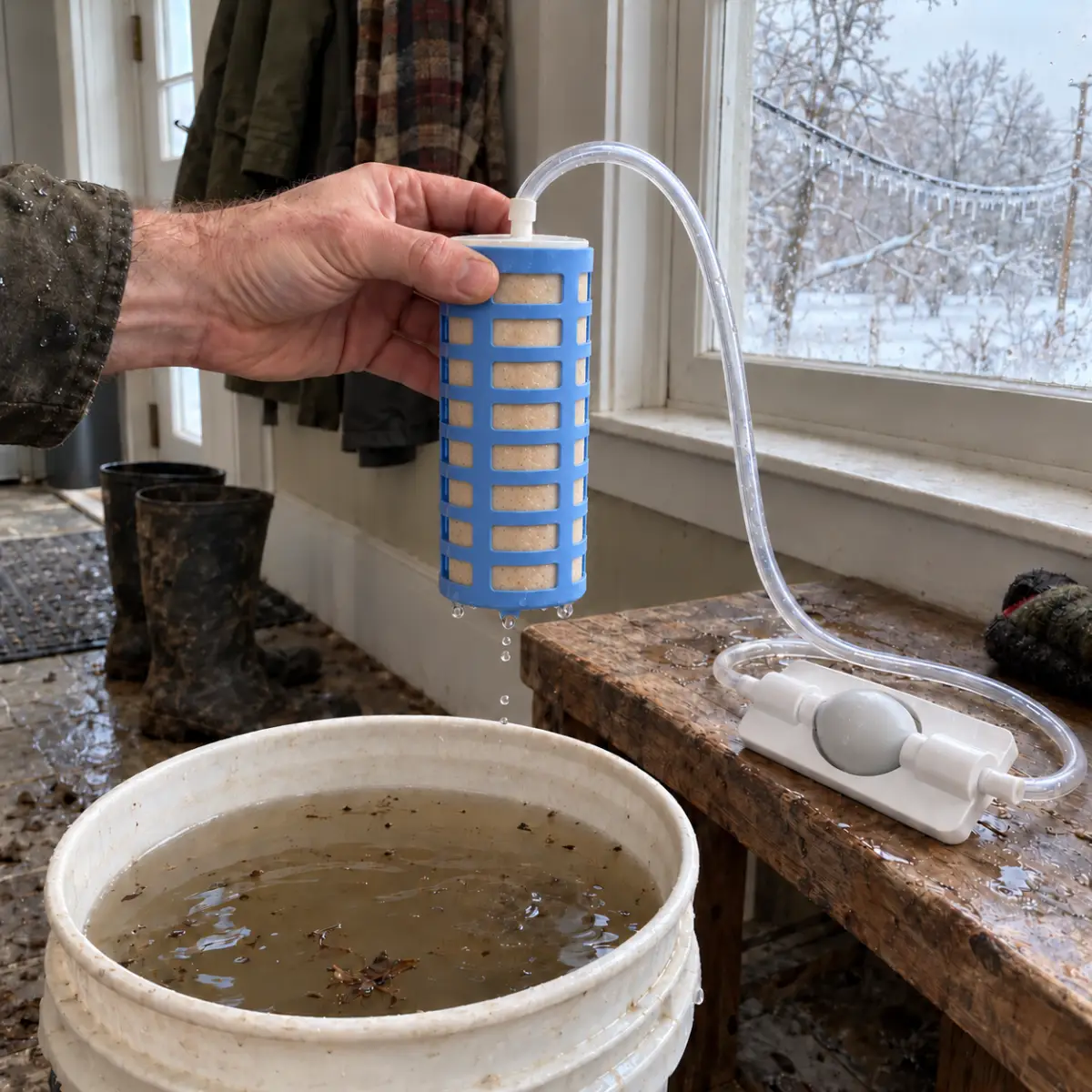 Gary's photo: the tan-coated filter over a bucket of creek water after the ice storm.