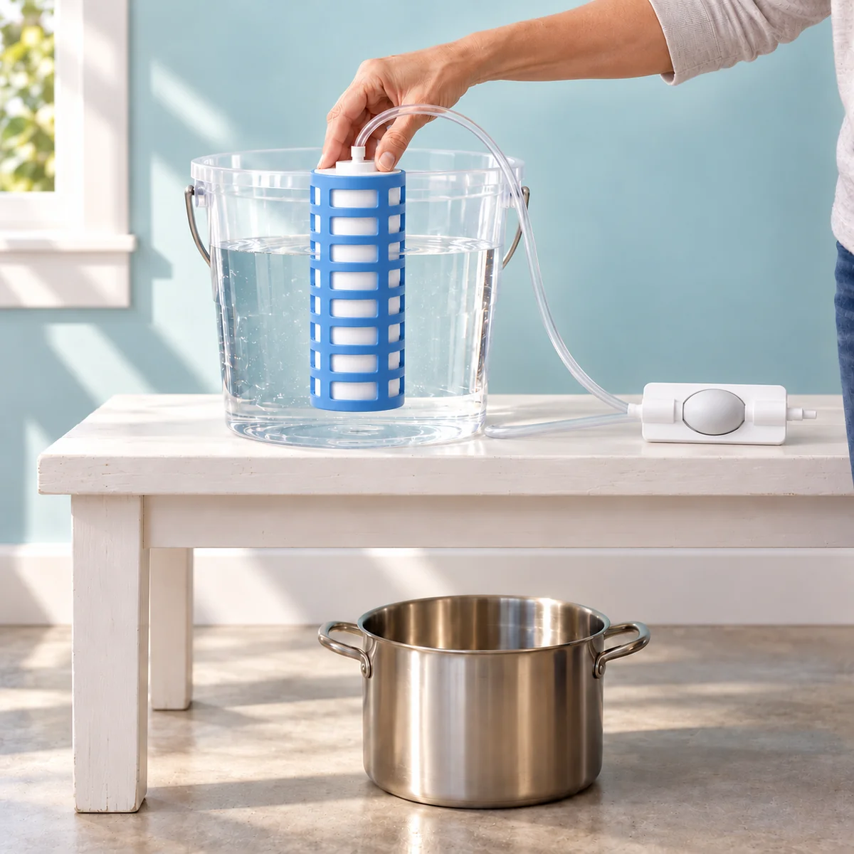 Drop the MicroPore filter into a bucket of water.