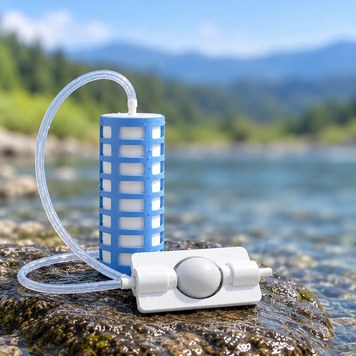 Clean drinking water from any water: TerraPore by a clear creek, the MicroPore filter in its light-blue cage.