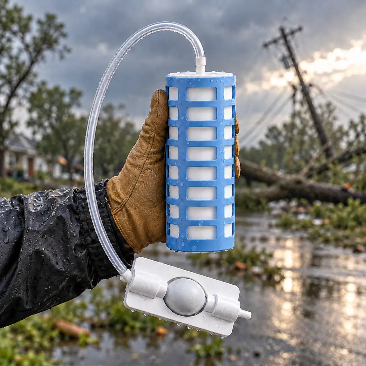 A gloved hand holds up TerraPore after a storm, power lines down behind.