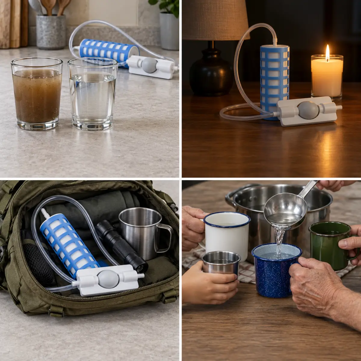 Muddy water in, clear water out; no power needed; fits any go-bag; clean water for everyone at the table.