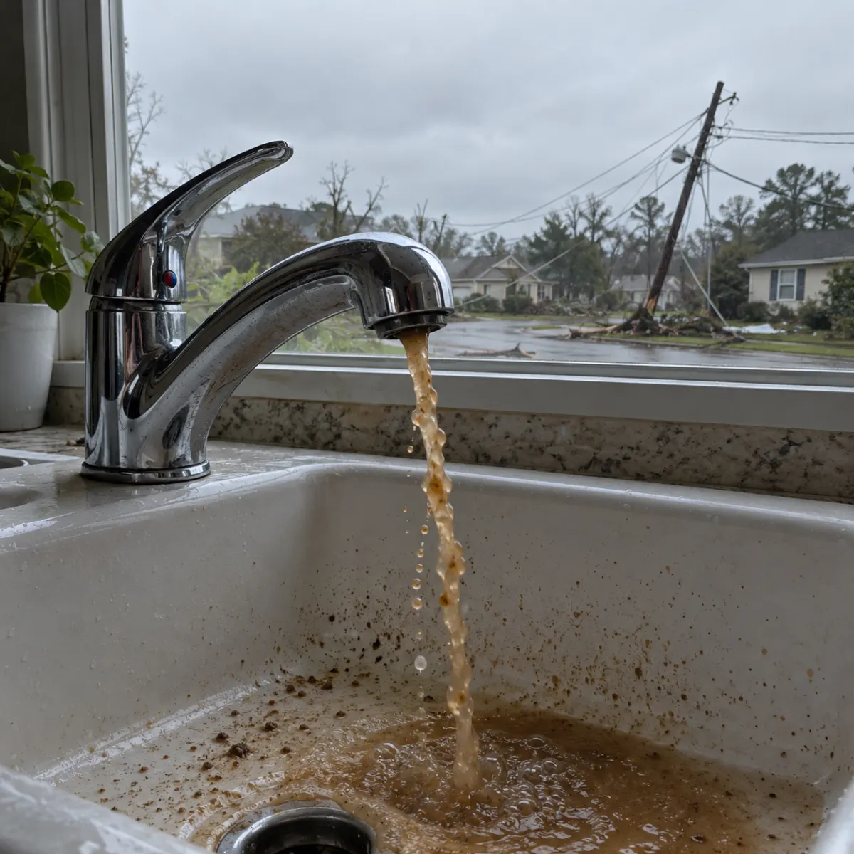 A kitchen tap spitting brown water, the storm-damaged street dark outside.