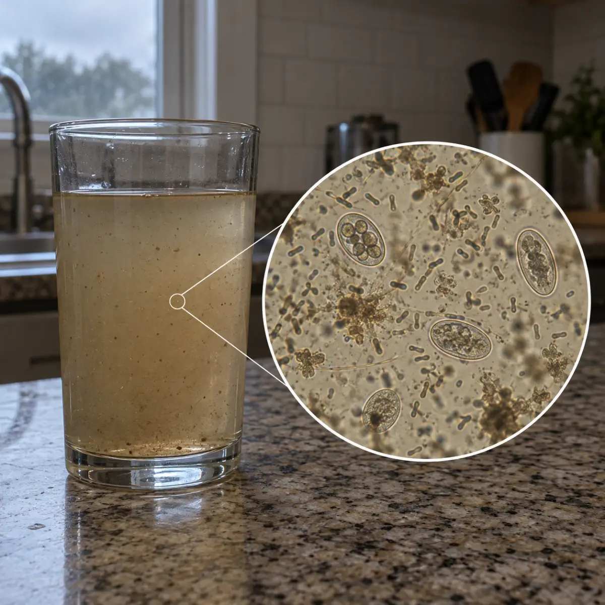 A glass of cloudy tap water and a magnified view of the germs in it.