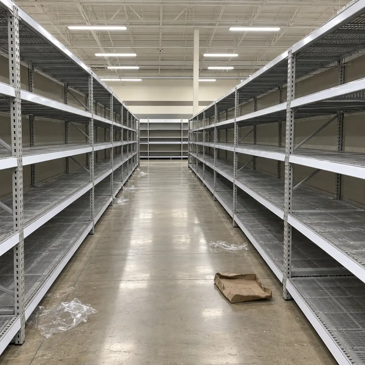 An empty store shelf where the bottled water was.