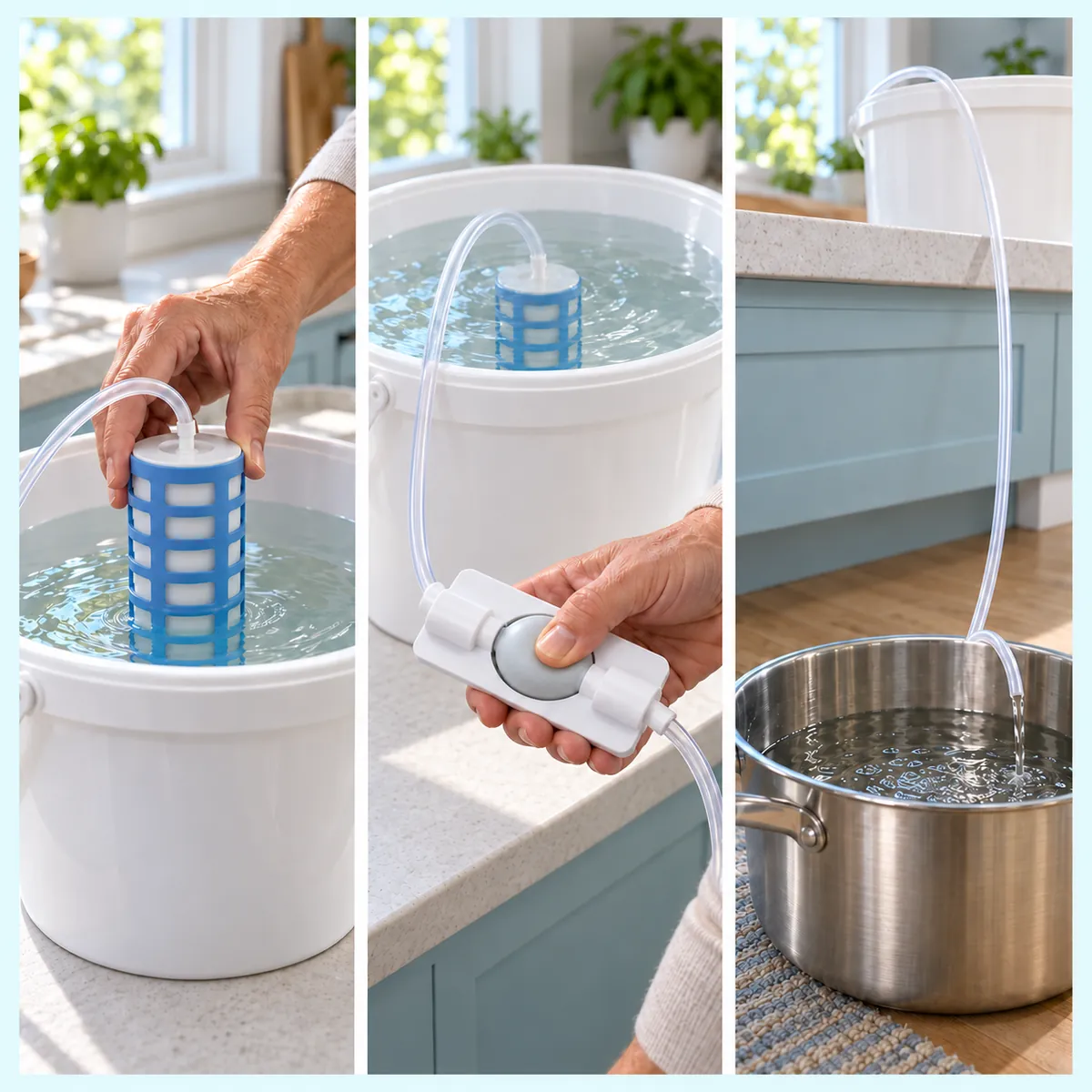 Three steps: drop it in, squeeze the bulb, the pot fills.