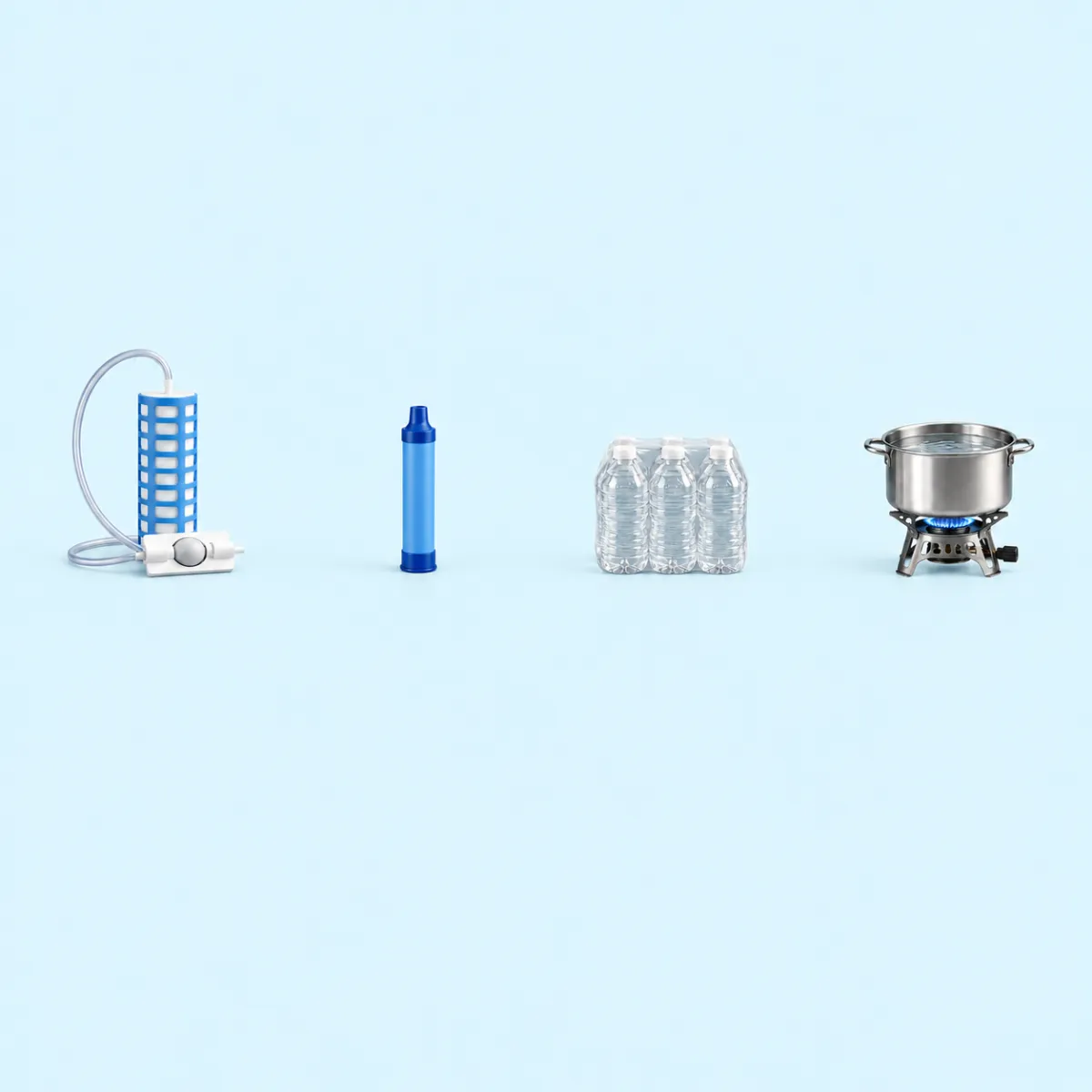 TerraPore beside a straw filter, a case of bottled water and a pot on a camp stove, compared row by row.