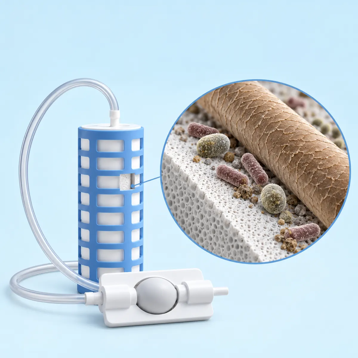 The MicroPore filter wall magnified beside a single hair, with germs held on the outside.