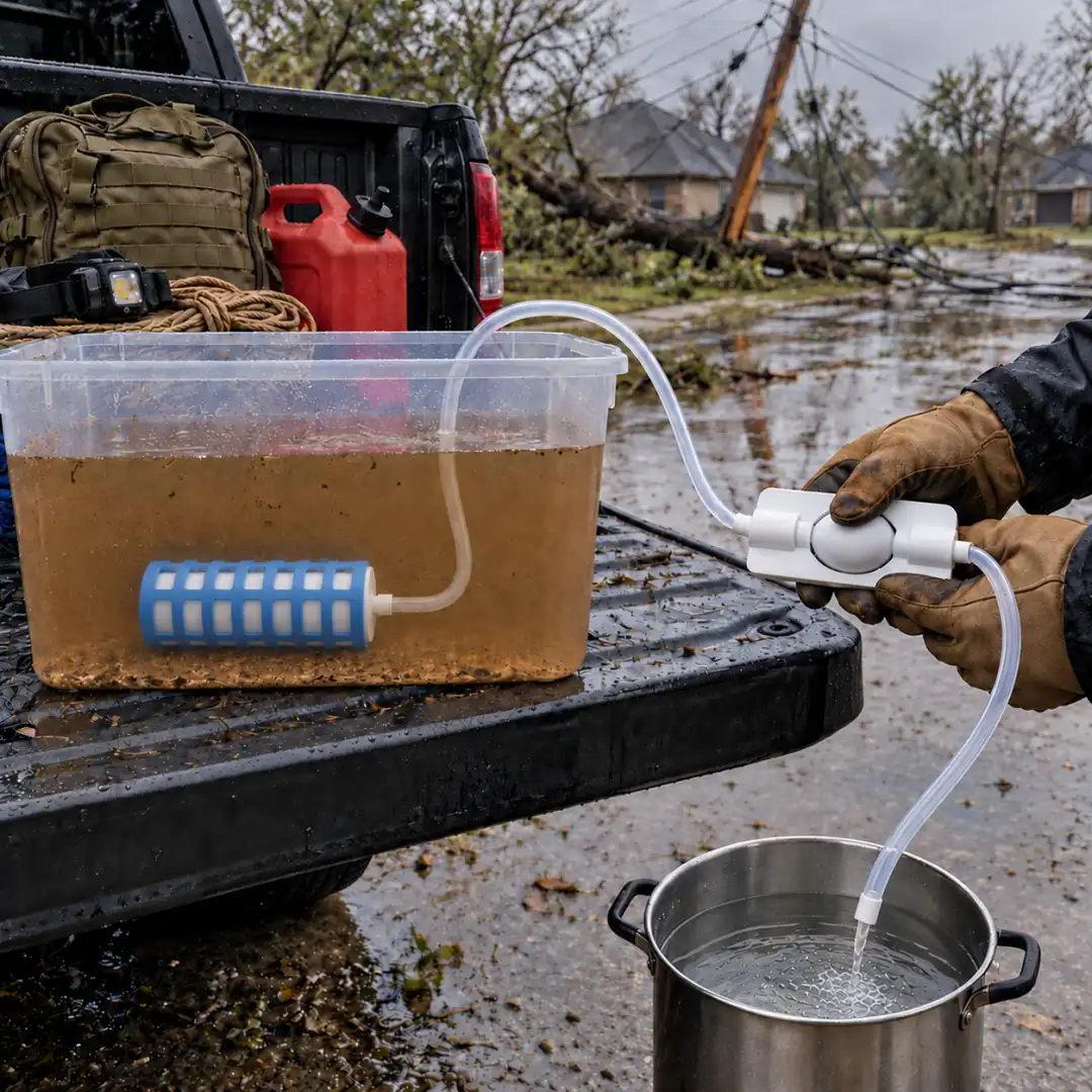 Muddy floodwater in a clear tub on a tailgate, clean water running into a pot.