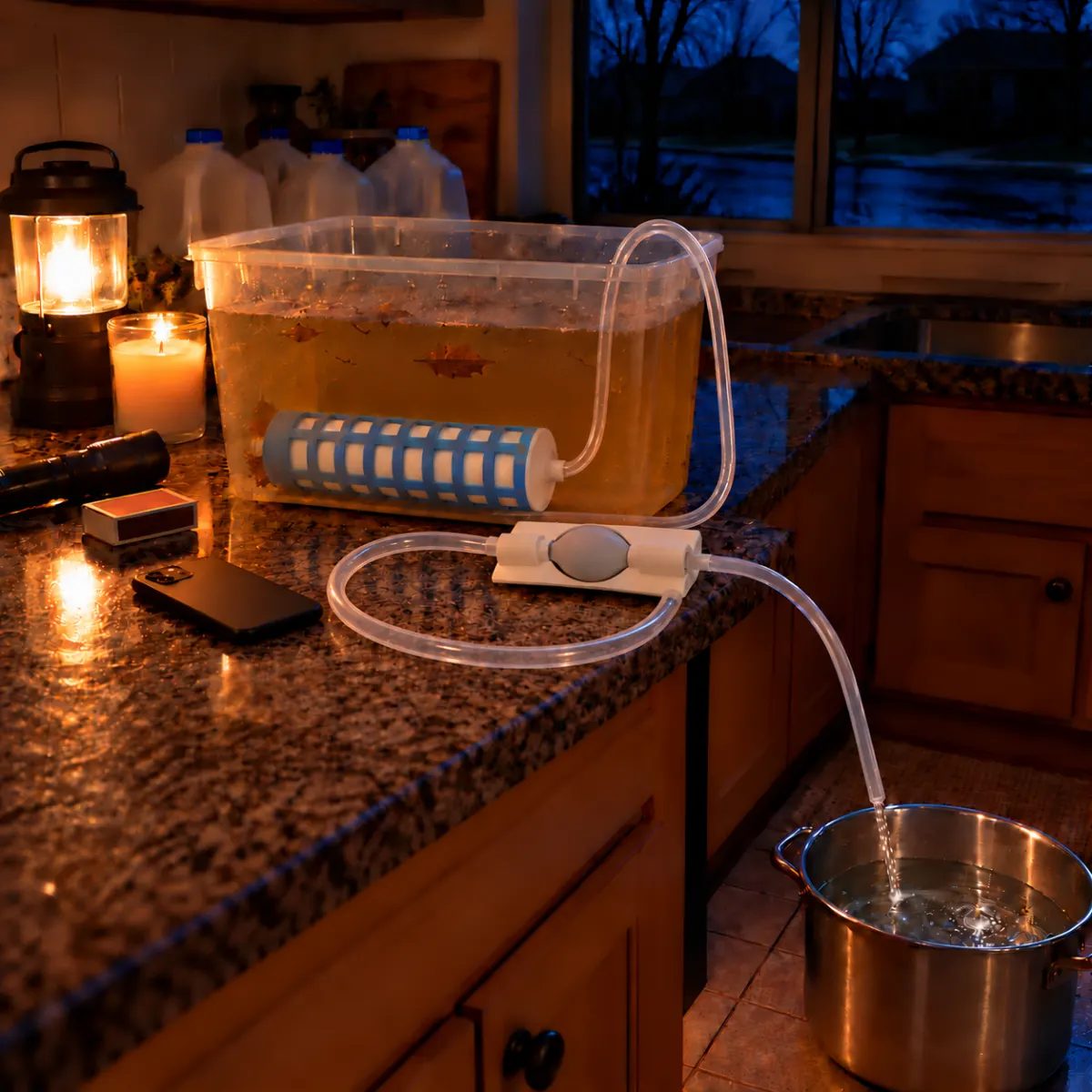 Night in a blackout: brown rainwater in a clear tub, clean water running into a pot by lantern light.