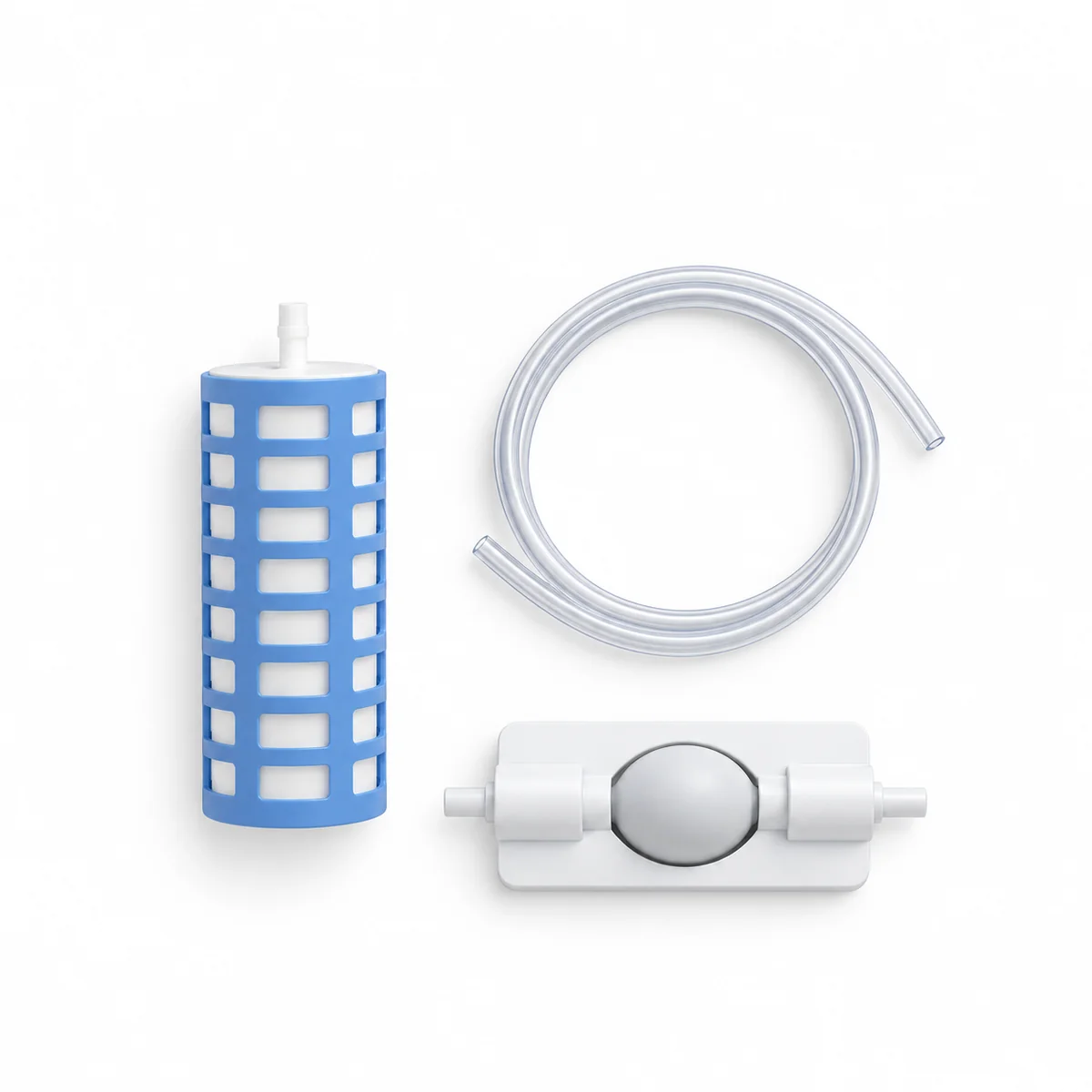 What's in the box: one MicroPore filter in its cage, one clear hose and one squeeze bulb.