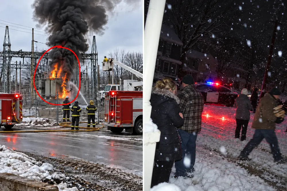 Two photos side by side: a town's substation transformer on fire with black smoke and fire crews, circled in red, and neighbors in winter coats on a snowy street of dark houses behind a police cruiser and road flares, one carrying firewood