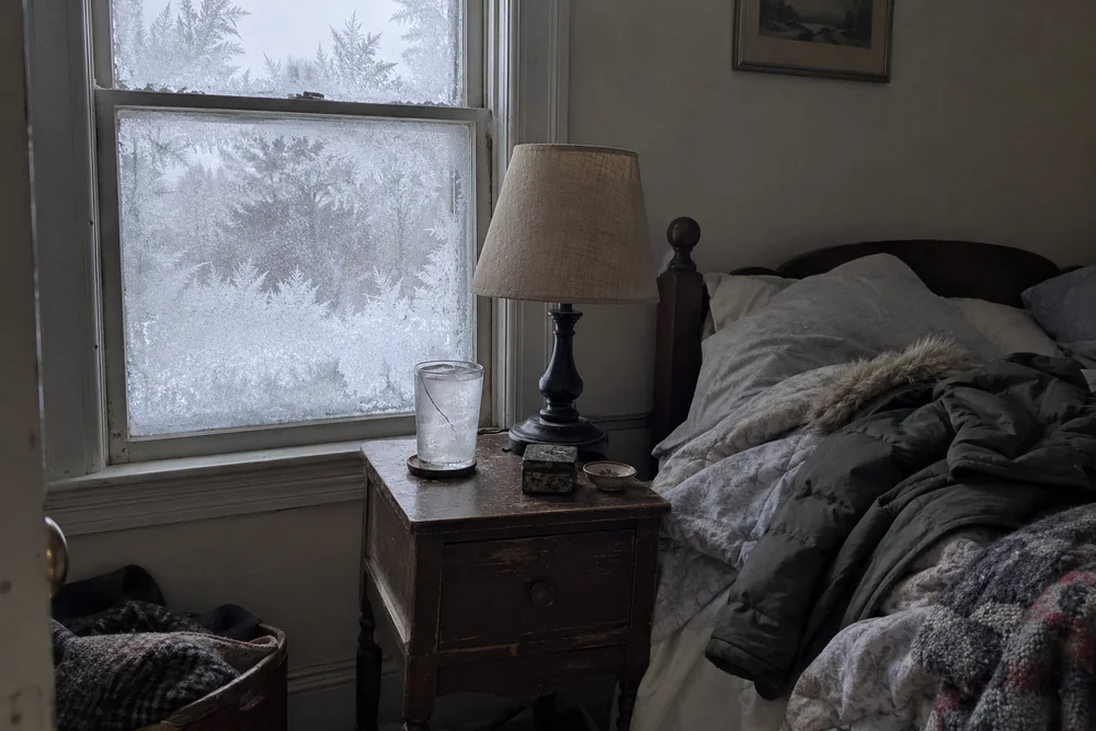 A bedroom at first light in a winter outage: frost grown on the inside of the window, a glass of water frozen solid on the nightstand, a winter coat across the unmade bed