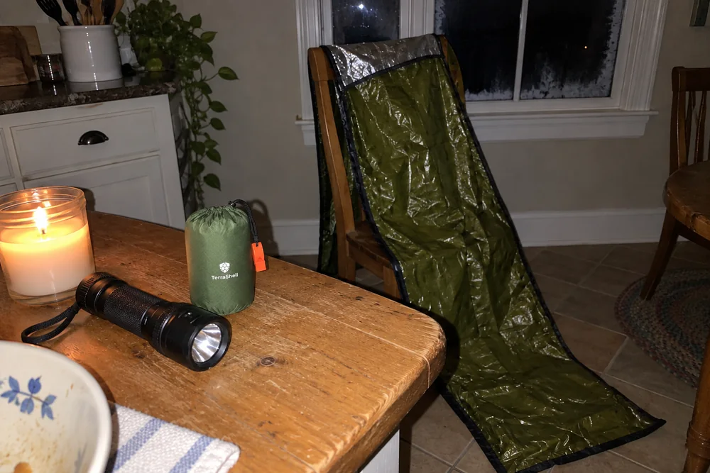 TerraShell on a kitchen table at night with the power out: the packed olive sack with its orange whistle beside a flashlight and a candle, a second TerraShell opened over a chair, silver inside at the opening