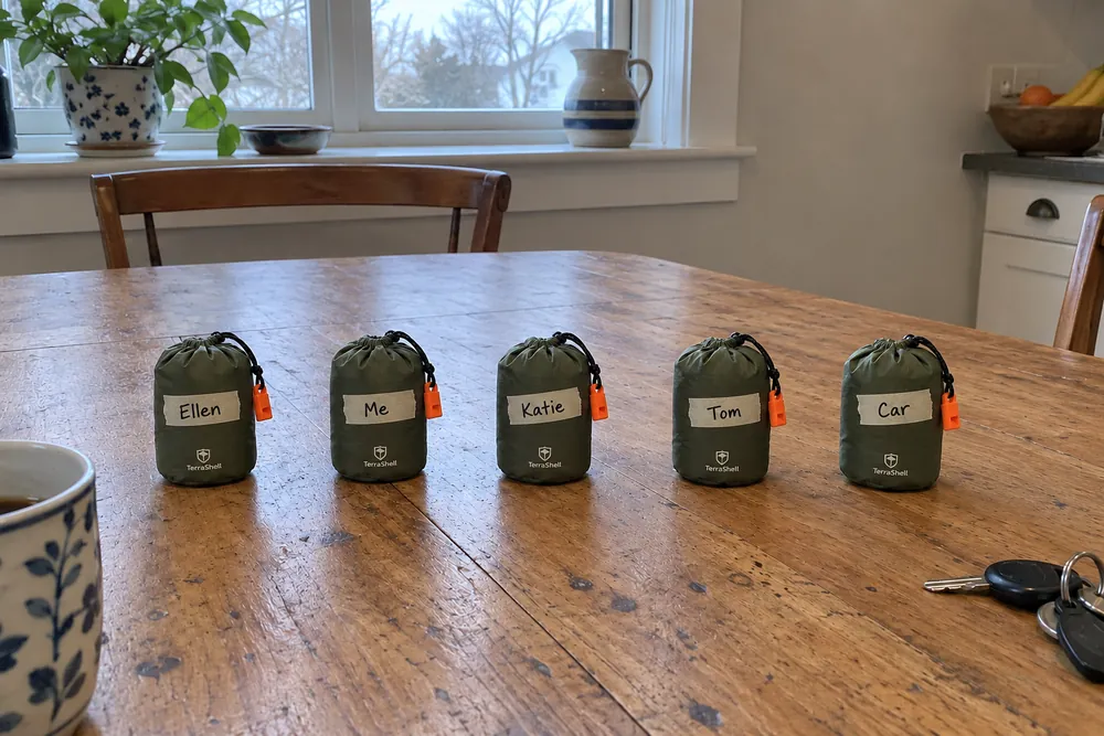 Five packed TerraShell sacks in a row on a kitchen table, each with masking tape labeled Ellen, Me, Katie, Tom and Car