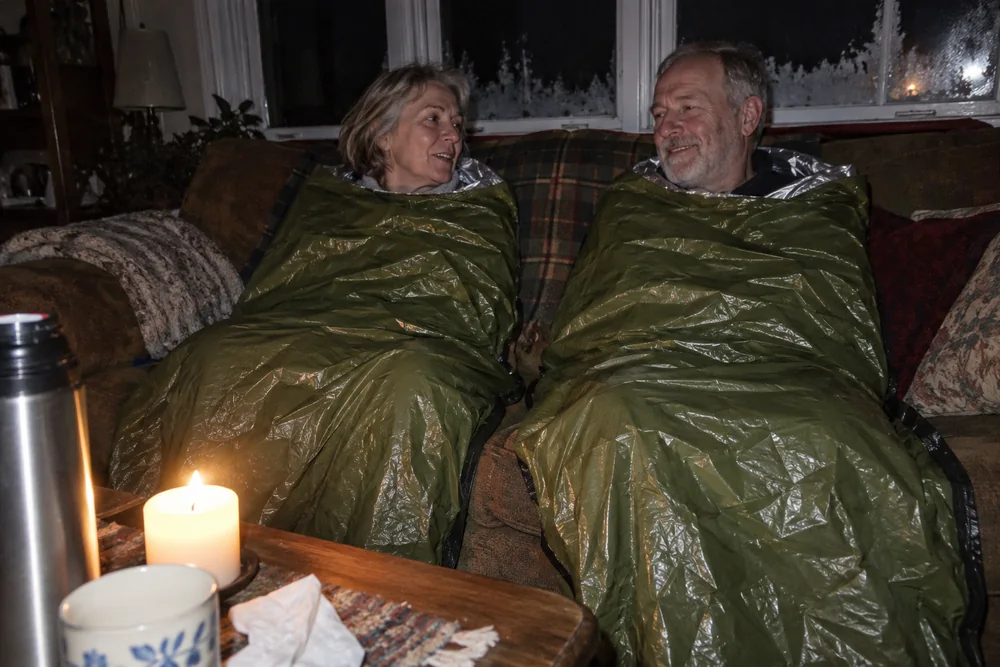 A dark living room lit by one candle: a man and a woman on the couch, each inside their own TerraShell pulled up to the shoulders, frost on the window