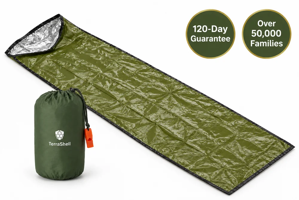 TerraShell on white: the packed olive sack with its orange whistle in front of an opened bag, with two seals: 120-Day Guarantee and Over 50,000 Families