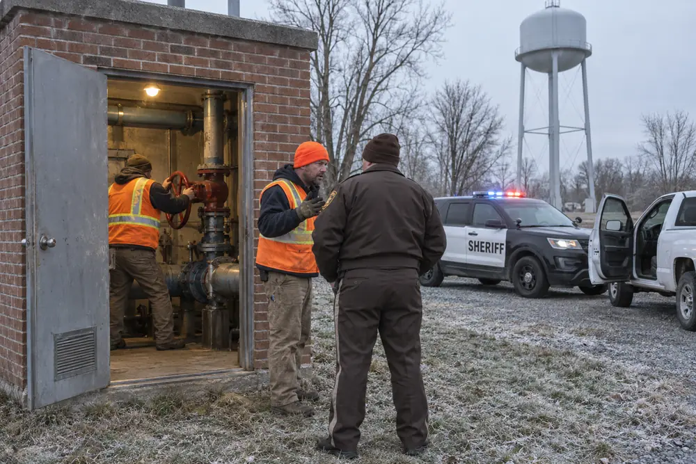 Public-works crews at a small town's water pump house in the morning, a sheriff's SUV parked outside, the water tower behind
