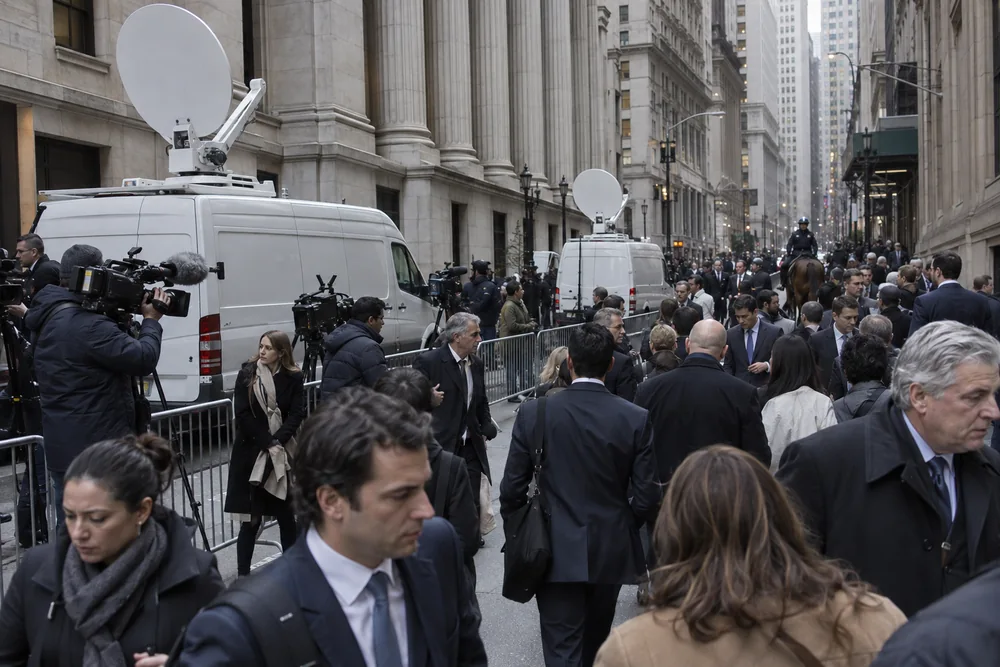 A crowded financial-district street of old stone buildings, police barricades, TV news vans and camera crews