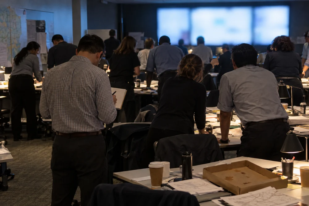 A cyber-incident response room at night seen from the back, staff crowded at the desks, the far wall a blur of light