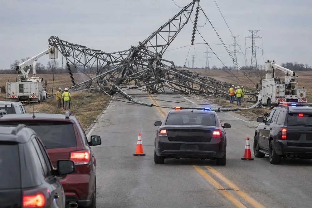 A high-voltage transmission tower collapsed across a highway, police blocking the road and a utility crew at the wreck