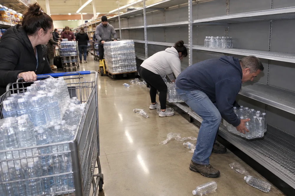 Shoppers grabbing the last cases from a stripped bottled-water aisle, overloaded carts and torn wrap on the floor