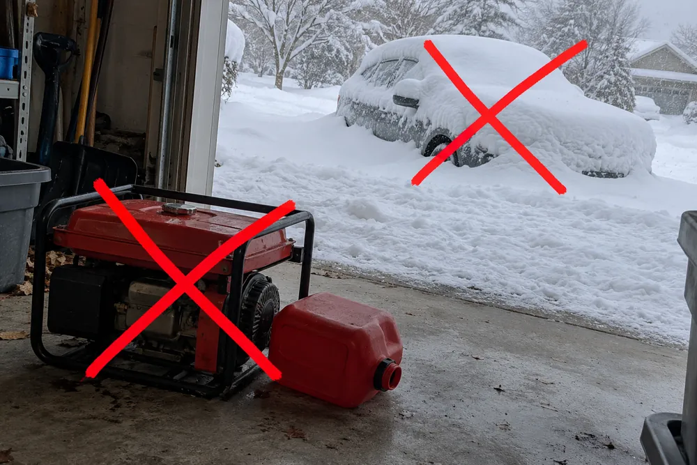 A garage in a winter outage: a dead generator with an empty gas can tipped beside it and, through the open door, the car buried in snow in the driveway, each crossed out with a red marker X